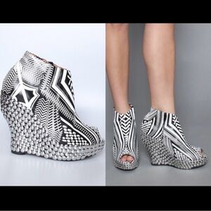 Black and White Tick Wedge Booties